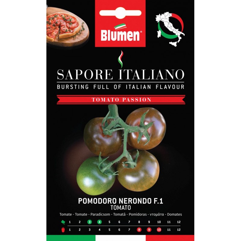 Tomate Nerondo F.1 Dunkle, schokoladenbraune Sorte. Der Geschmack ist kräftig und eine Frucht wiegt zwischen 80-100 g.  